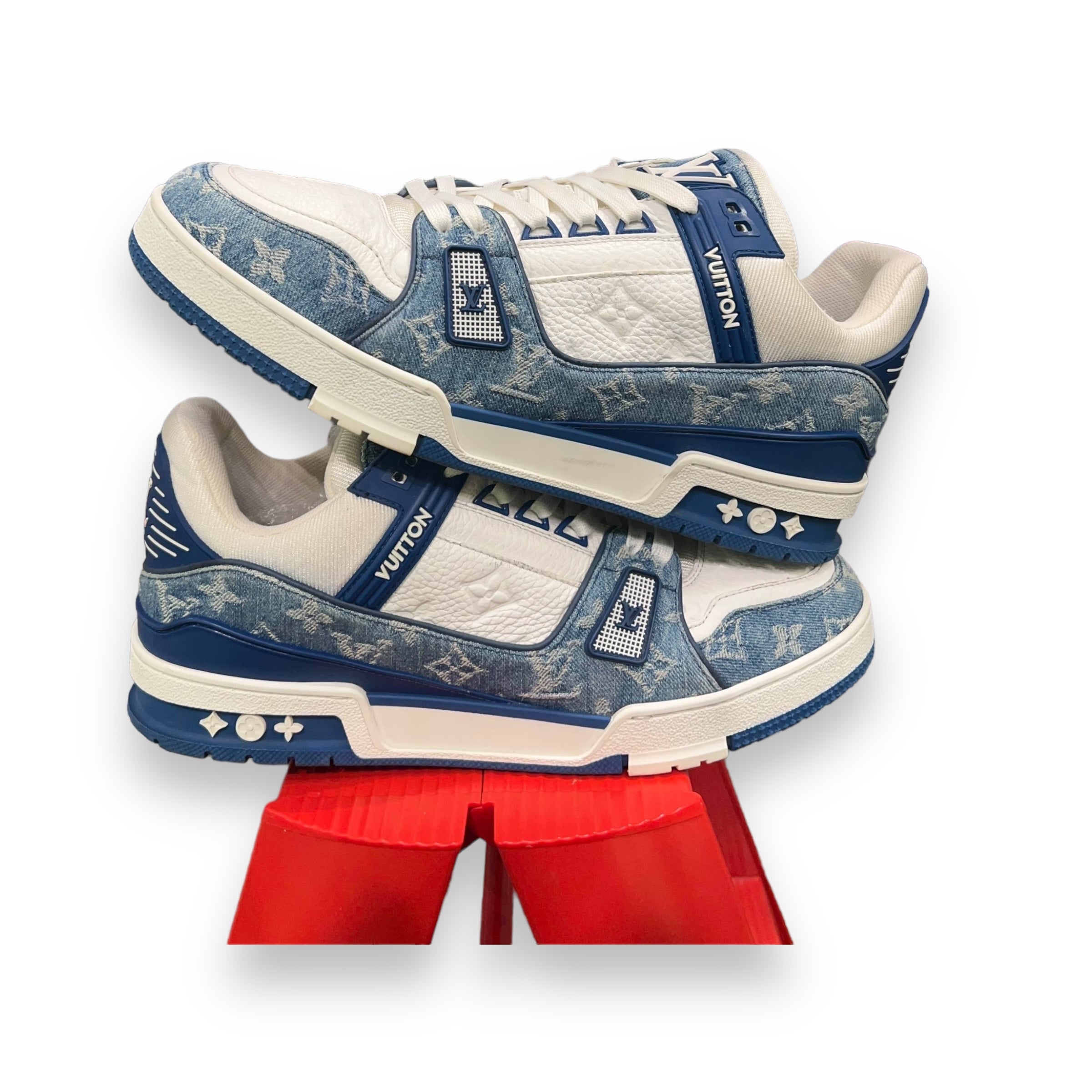 LV white/blue denim trainers