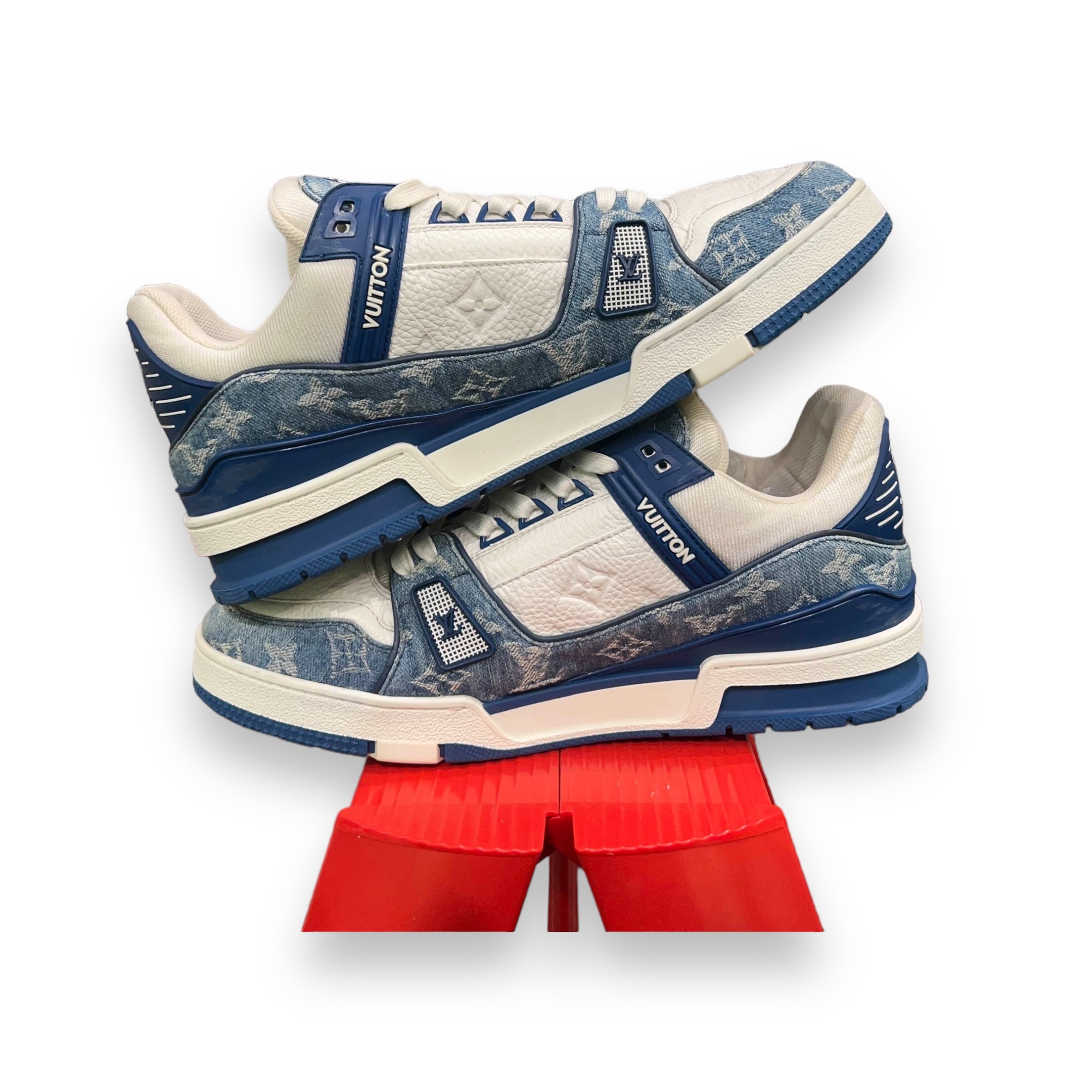 LV white/blue denim trainers